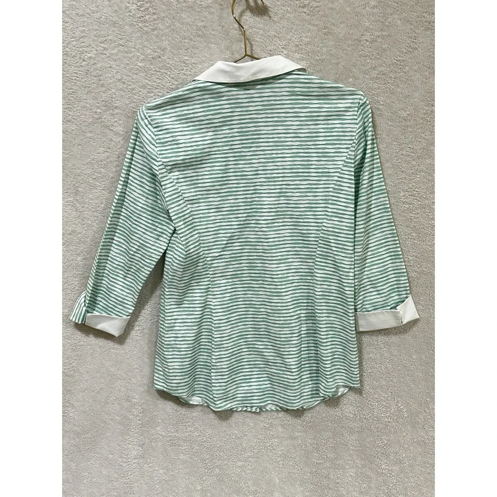 Lafayette 148 Striped Button Up Shirt Size 2 Green White 3/4 Sleeve Luxury - Picture 5 of 6